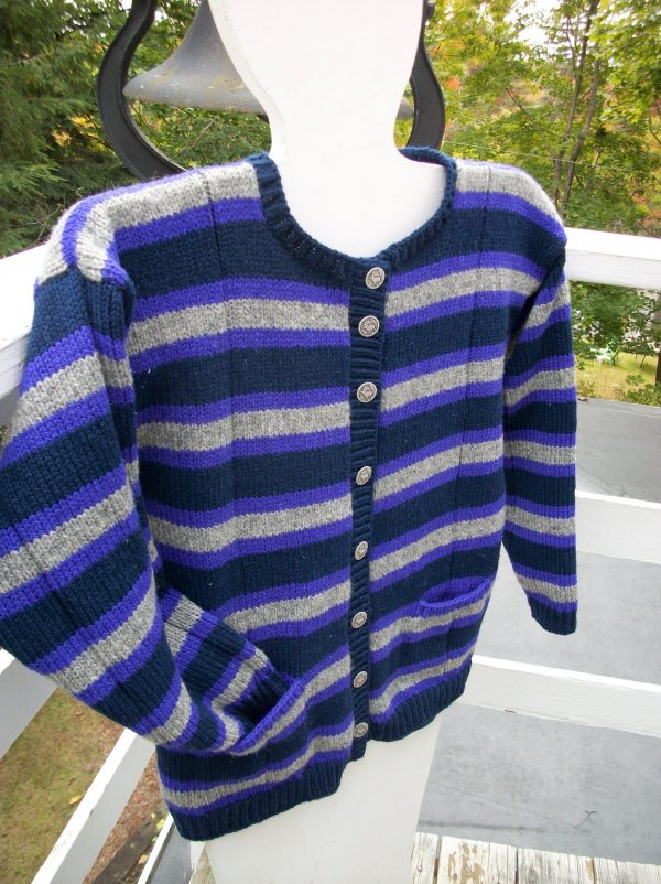 Wool crew neck striped cardigan in navy, purple and grey