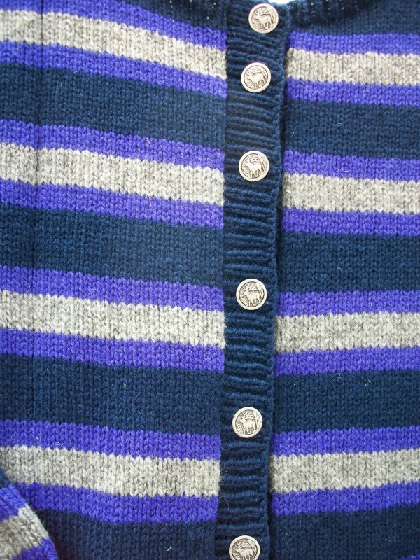 Wool crew neck striped cardigan in navy, purple and grey